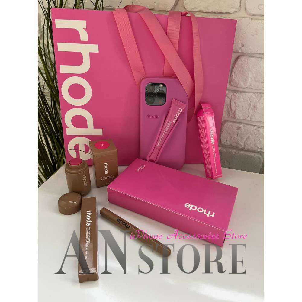 Подарочный набор Rhode Shortcake розовый: чехол для iPhone, блеск, карандаш и румяна